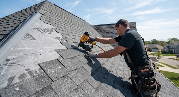 Roofer nailing new architectural shingles on a pitched roof