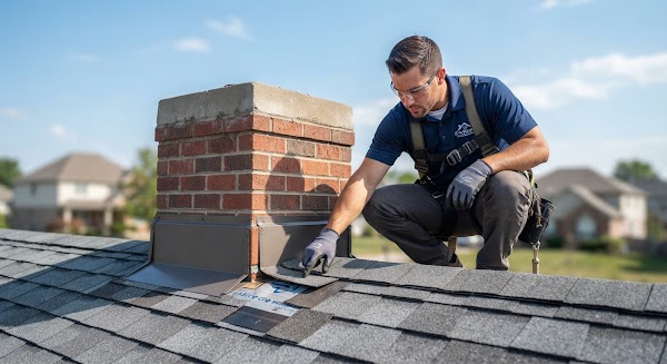 Roofer sealing the flashing around a brick chimney